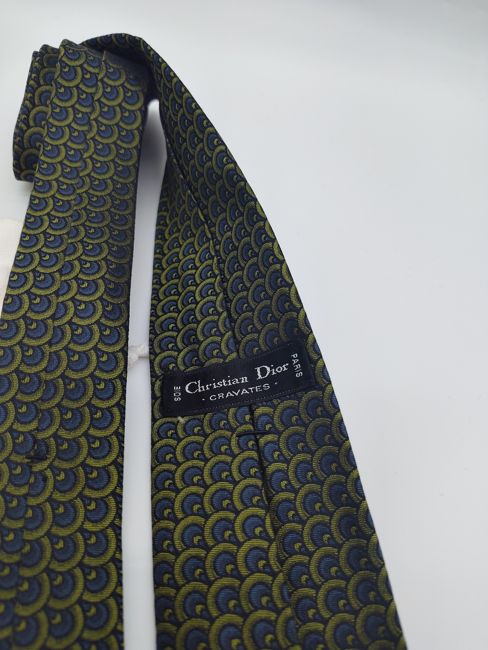 Vintage CHRISTIAN DIOR Cravates Paris Silk Tie Navy Green Geometric 53" Like New - Picture 3 of 6